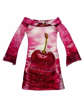 OMIGHTY Soda Cherry Slub Mini Dress Pink Off-Shoulder Bell Sleeve